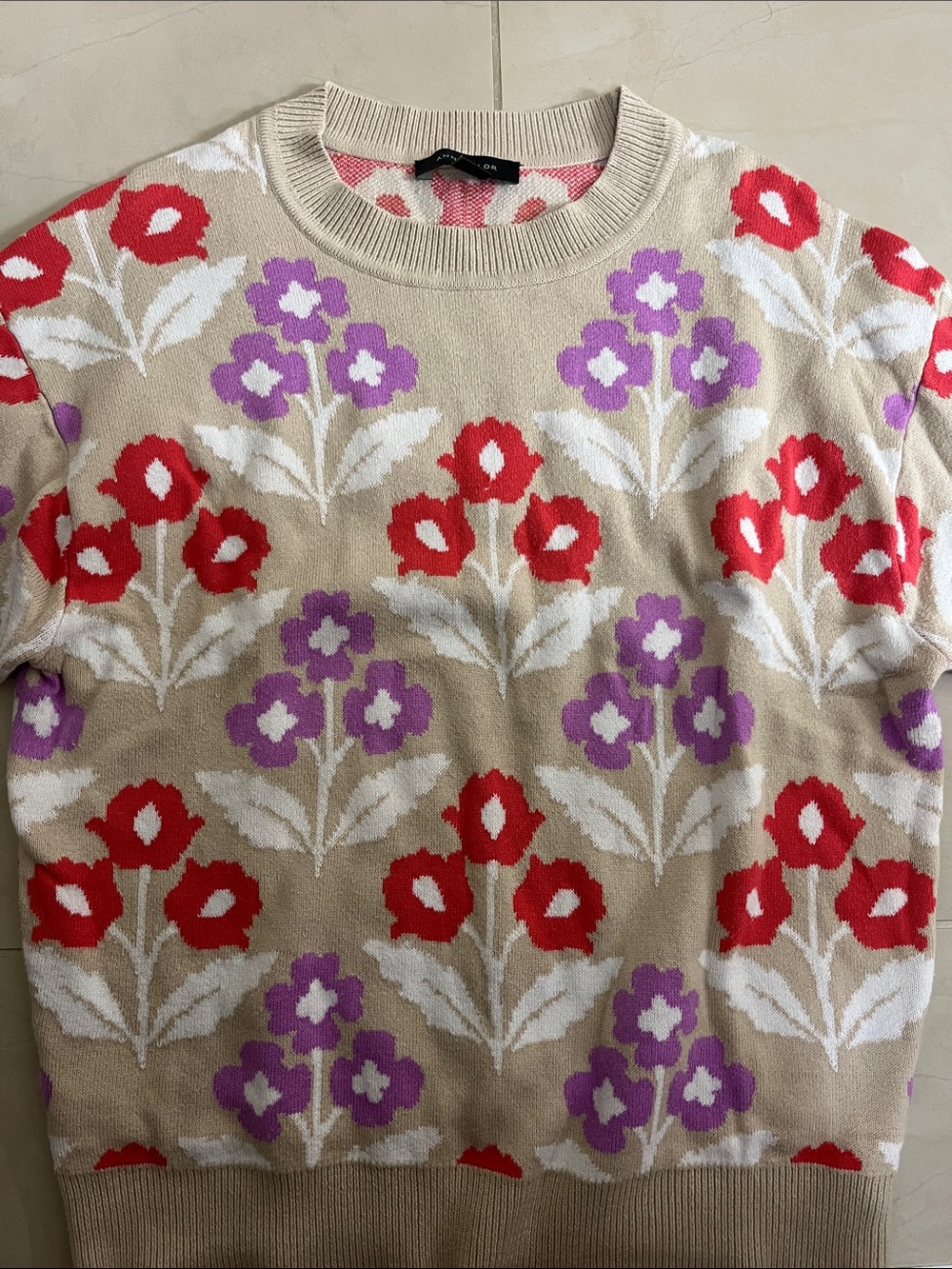Ann Taylor Beige Floral Crewneck Sweater with Red & Purple Blooms